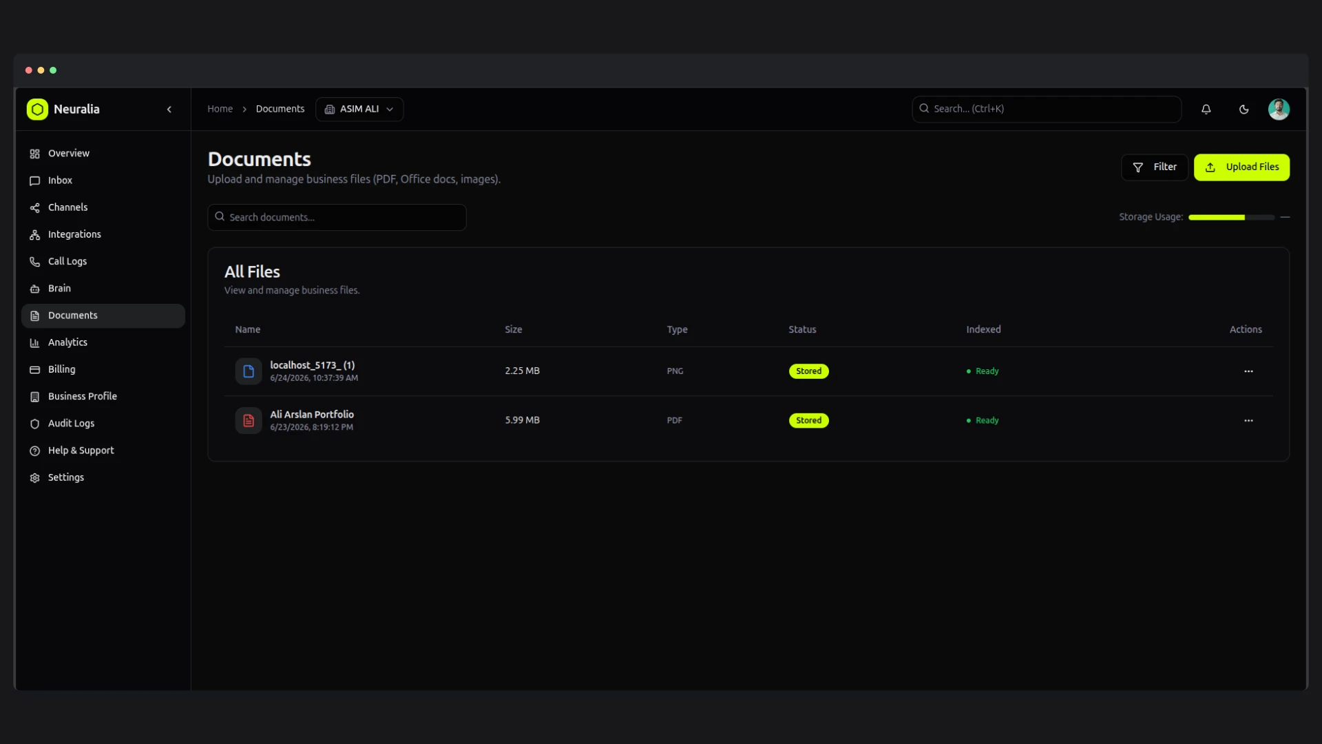 AI Assistant Platform — Documents is where the source material is managed - file, size, type, indexing status and chunk count per row - with storage usage shown against the plan limit and a downloadable usage report.